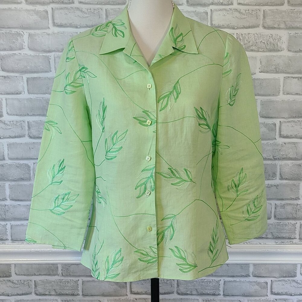 Vintage Carlisle Linen Embroidered Blazer Jacket Green Vines Cottage Grandmacore